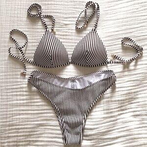 Small Brown Striped Tie Halter Bikini Set
